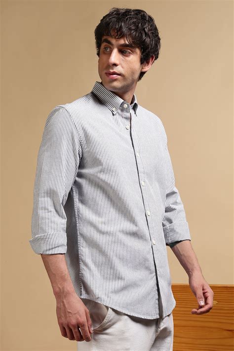 Men Black Cotton Oxford Slim Fit Striped Shirt – FYVA