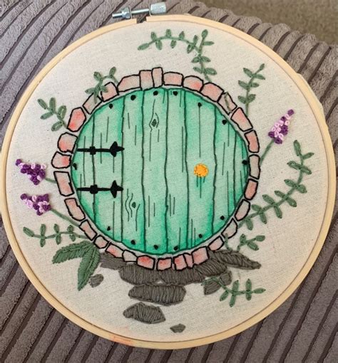 Hobbit Embroidery of Green Door and Purple Flowers