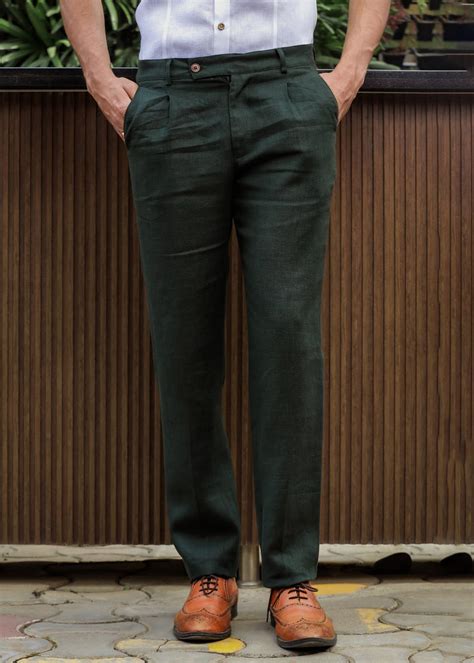 Dark Green Pleated Pure Linen Trousers by Linen Trail