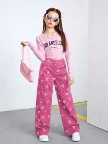 SHEIN Tween Girl Wide Leg Jeans With Butterfly Print, Casual Loose ...