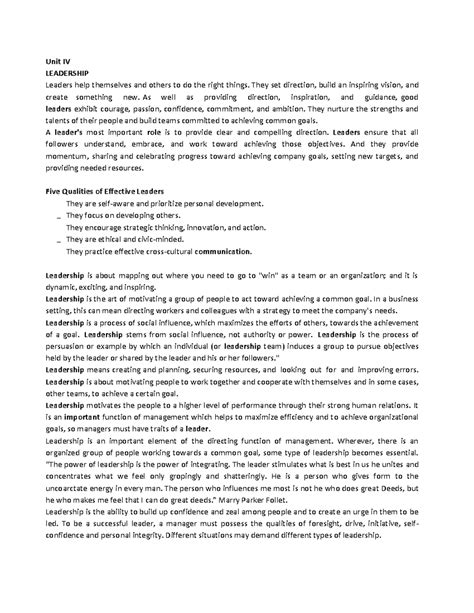 Unit IV Leadership - Unit IV LEADERSHIP Leaders help themselves and ...