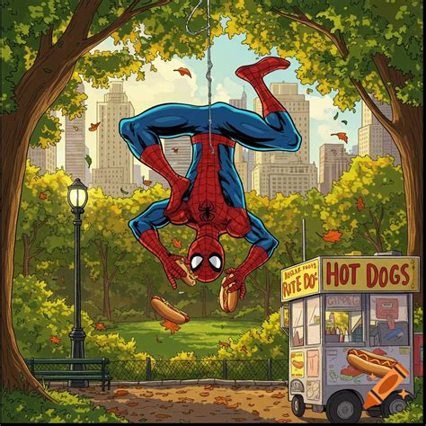 Spider-Man hangs upside down from a web in Central Park, eating a hot ...