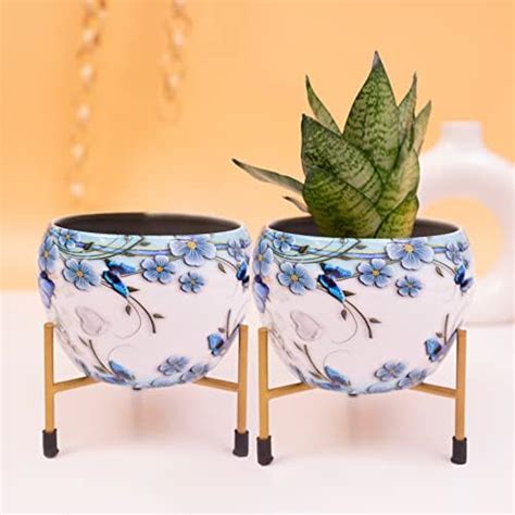 KYARI Dreamy White & Blue Floral Metal Pot with Stand Apple Pot with ...