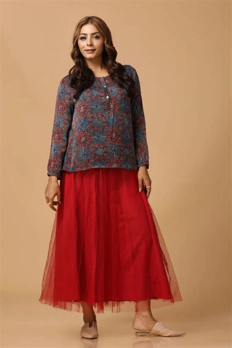 Indigo and Alizarin Art Deco Print Ajrakh Popover Blouse