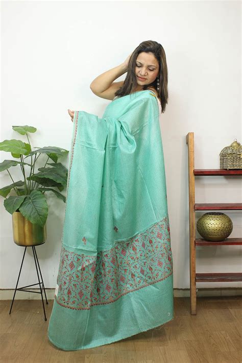 Green Embroidered Kashmiri Sozni Work Pure Silk Saree - Luxurionworld