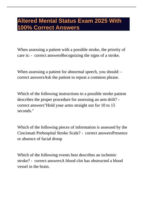Altered Mental Status Exam 2025 With 100% Correct Answers - Altered Mental Status - Stuvia US