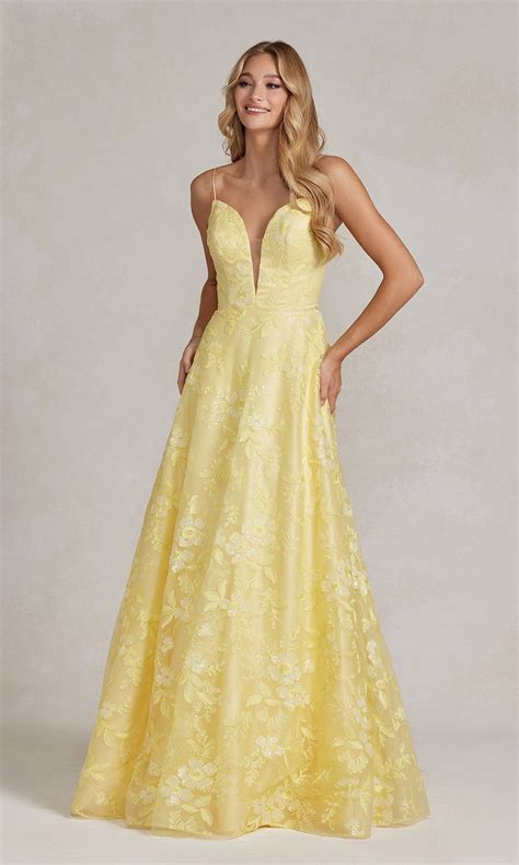 Deep V-Neck Floral-Lace Long Yellow Prom Ball Gown