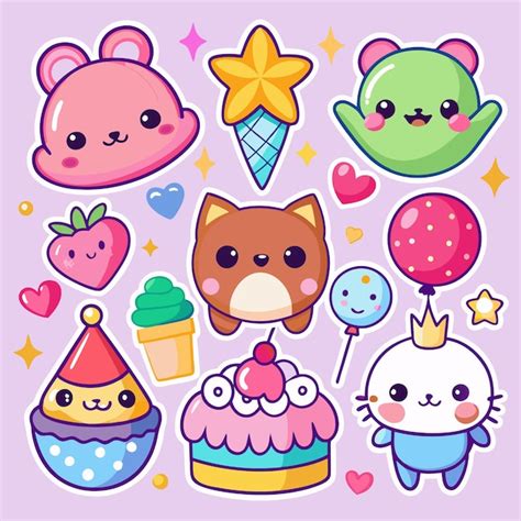 Cute cartoon stickers with animal faces hearts stars and ice cream ...