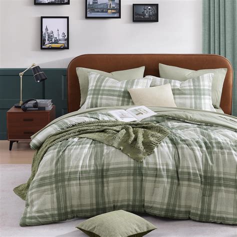 Amazon.com: AMBERSPACE Full Size Comforter Sets, Green Plaid Bedding ...