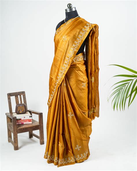Kolam embroidered kosa silk yellow – chaitrahandlooms