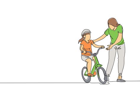 Single continuous line drawing of young kids girl learning ride bicycle ...