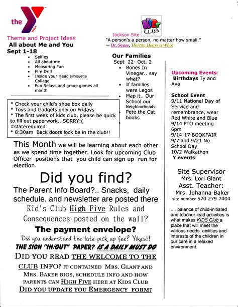 Newsletter. my first for the year.. Kids Club a ymca sacc before and ...