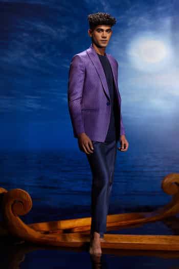 Buy Purple Twill, Cotton Abstract Print Blazer And T Shirt For Men by ...