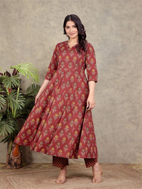 Buy Soft Cotton Geometric Angrakha Red Kurta, Trousers & Dupatta ...