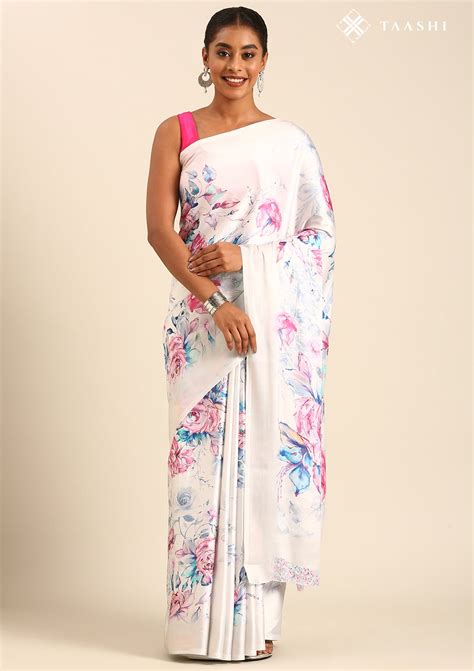 Buy Lavender A/O Floral Printed Satin Saree - Taashi Online - Taashi
