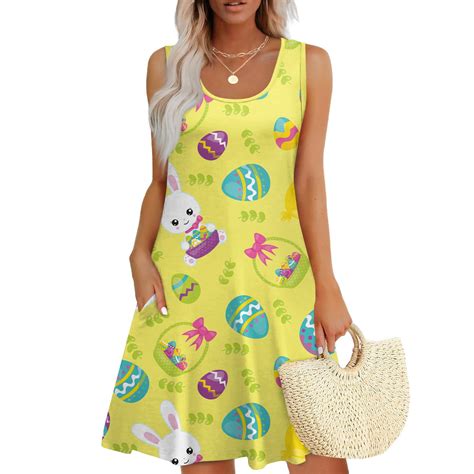 LTTVQM Easter Dresses for Women 2025 Bunny Egg Print Sleeveless Cute ...