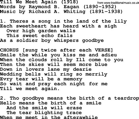 World War One(WW1)Era Song Lyrics for: Till We Meet Again 1918