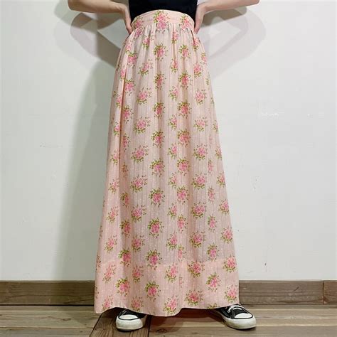 70s pink flower printed long skirt | LEMON