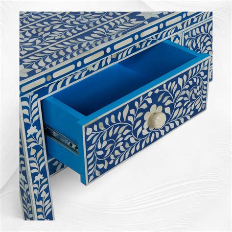Bone Inlay Floral 3 Drawer Console Edge Dark Blue – Luxury Handicrafts