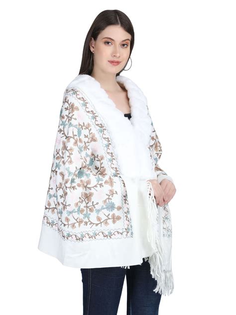White Aari Embroidery & Crystals Fur Collar Poncho - 145 (Free Size ...