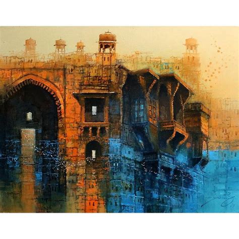 "Cityscape Painting 2": Blue Oil Painting by A. Q. Arif – ArtZolo.com