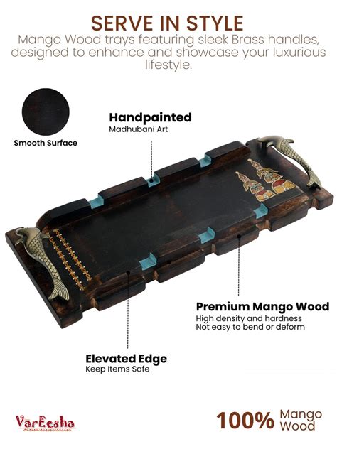 VarEesha Hand Painted Mango Wood Small Tray & Brass Handles