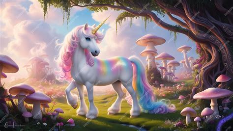 Enchanted Unicorn in Magical Forest Fantasy Landscape with Mystical Creature Digital Art ...