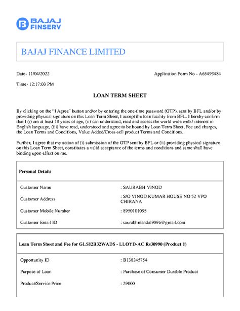 Loan Term sheet 09 50 35 - Saurabh kumar - BAJAJ FINANCE LIMITED Date ...