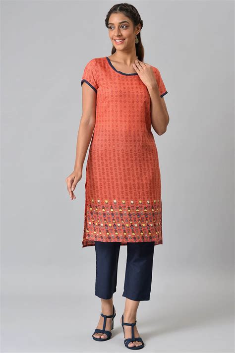 Buy Orange Floral Printed High-Low kurta With Blue Trousers @ 1799 ...