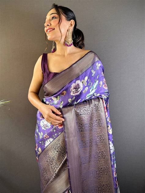 Lavender Satin Silk Floral Print Saree Online Vastranand