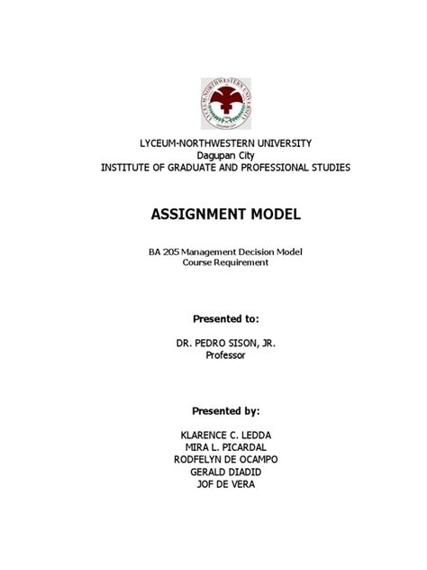 Image result for Assignment Model in Decision Science Example