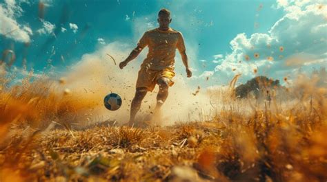 Soccer player kicking ball in dusty field | Premium AI-generated image