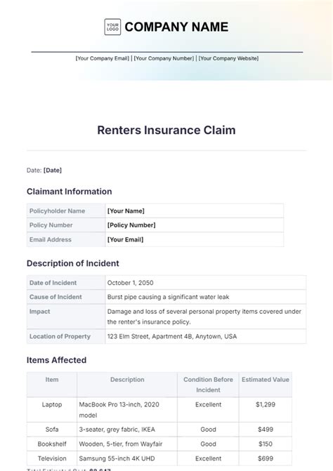Free Renters Insurance Claim Template to Edit Online