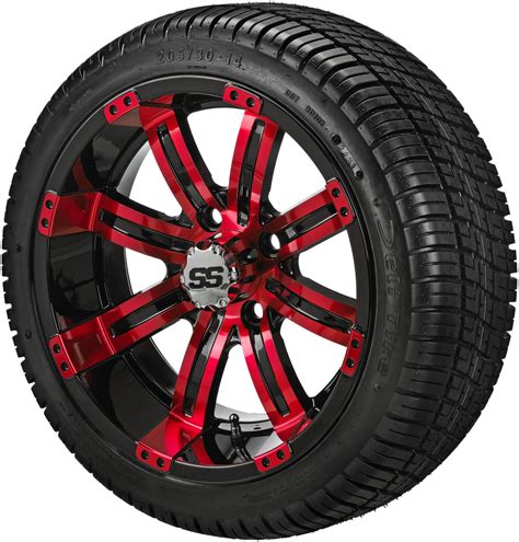 (4) Golf Cart 205/30-14 Deli Low Pro Tires on 14x7 Black/Red Tempest ...