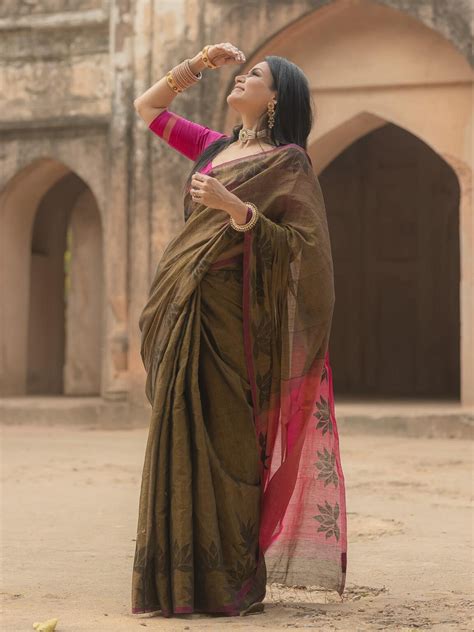 Lotus Khaki saree – soulweaves.com