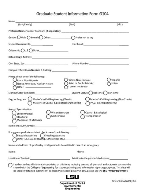 Fillable Online Graduate Student Information Form G104 Fax Email Print ...