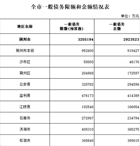表9：全市一般债务限额和余额情况表-荆州市人民政府-政府信息公开