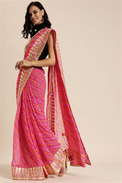 Pink Bandhani Gota Patti Work Poly Georgette Saree – Geroo Jaipur
