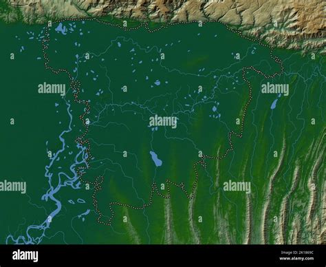 Sylhet, division of Bangladesh. Colored elevation map with lakes and rivers Stock Photo - Alamy