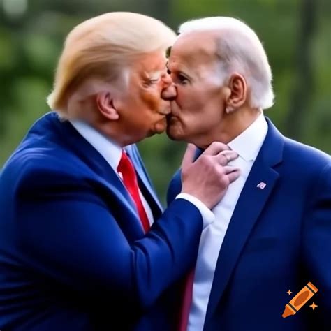 Satirical scene of donald trump and joe biden sharing a kiss on Craiyon