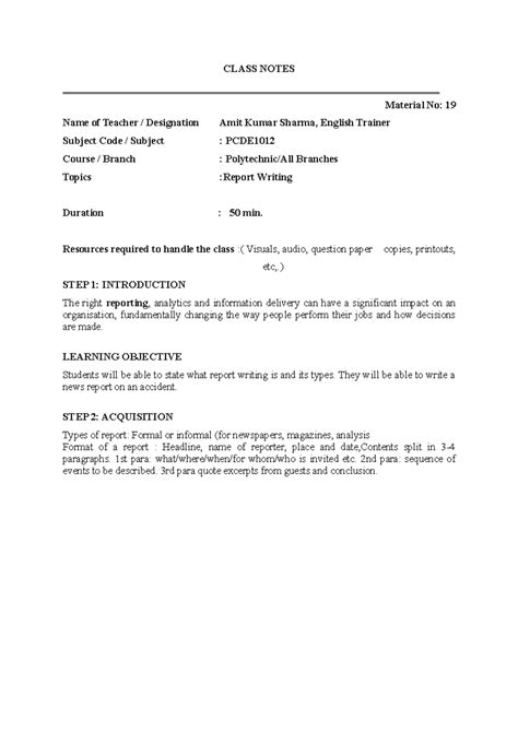 Notes LP 19 - Report Writing - CLASS NOTES Material No: 19 Name of ...