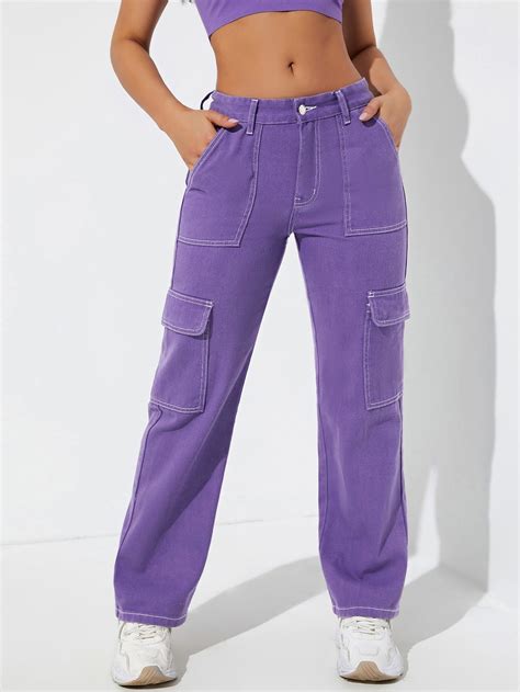 Top-stitching Flap Pocket Cargo Jeans | Trousers for girls, Casual ...