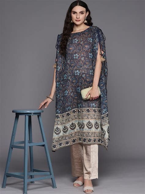 Indo Era Navy Blue Women Floral Printed Extended Sleeves Kaftan Kurta ...