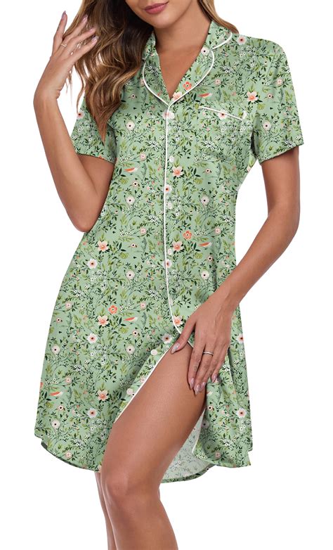 DreamFish Women's Summer Nightshirt Button Down Short Sleeve Sleepshirt ...