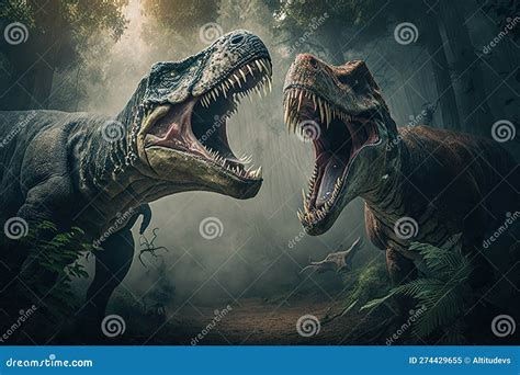 T-rex Fighting with Another Dinosaur in Prehistoric Forest Stock ...