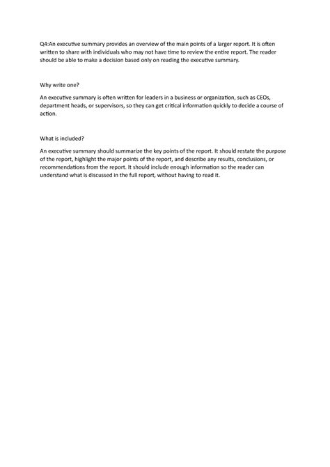 Q41 - helpful for assignments - Q4:An executive summary provides an ...