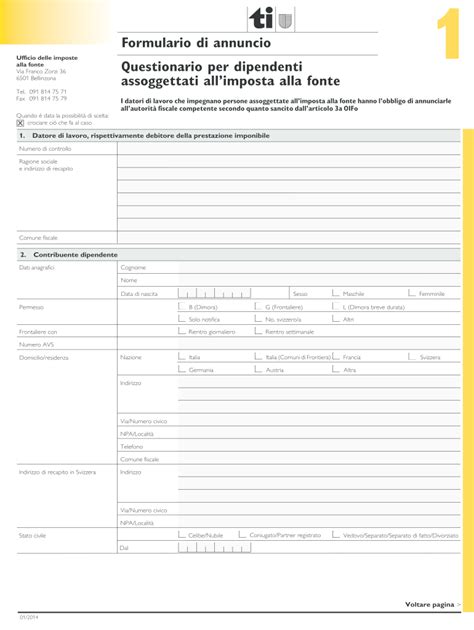 2014 Modulo CH Questionario per Dipendenti Assoggettati Allimposta alla ...