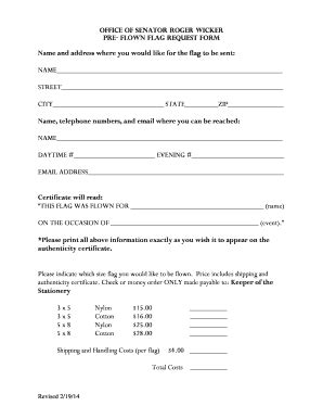 Fillable Online OFFICE OF SENATOR ROGER bWICKERb Pre- Flown FLAG ...