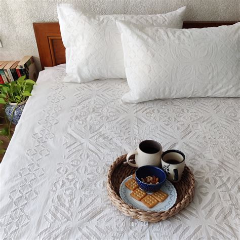 Applique Pure Cotton Intricate Hand Made Bed Spread White – Sanskruti