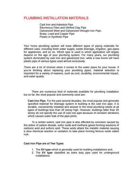 Plumbing Installation Materials - PLUMBING INSTALLATION MATERIALS Cast ...